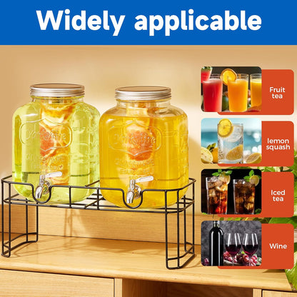 1 Gallon Glass Drink Dispensers for Parties, 2PACK Beverage Dispenser with Stand, Fruit Infuser and Stainless Steel Spigot 100% Leakproof, Beverage Dispenser for Lemonade Sun Tea