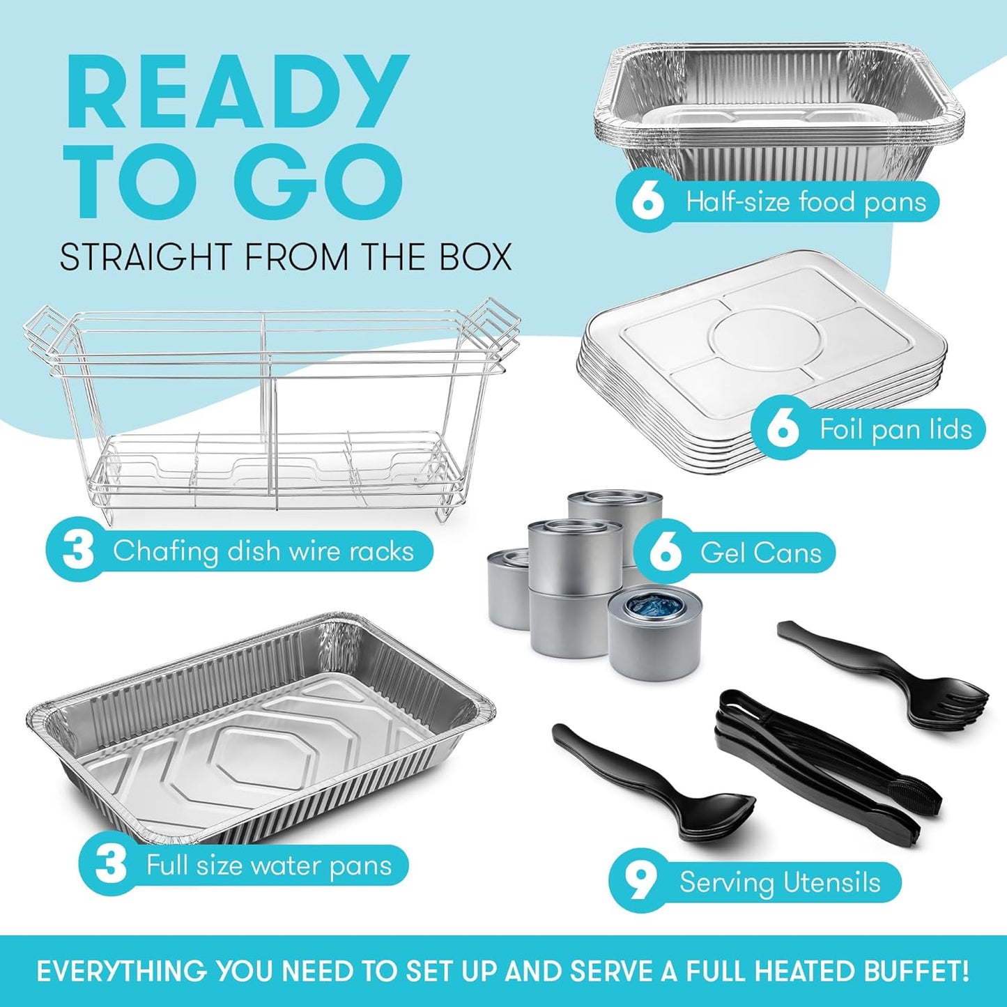 Disposable Chafing Dish Buffet Set Food Warming Trays - Buffet Set Trays Food Warmers for Parties & Events - Replacement Chafing Dishes for Catering (9 Serving Utensil Set)