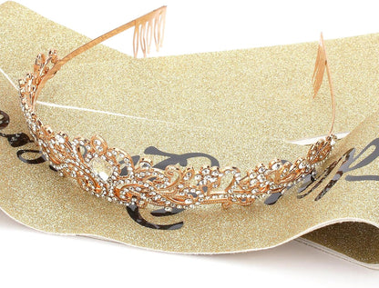 COCIDE Birthday Queen Sash & Rhinestone Tiara Set Gold Happy Birthday Crowns for Women Party Decoration Kit Rhinestone Headband for Women Glitter Crystal Hair Accessories for Cake Topper