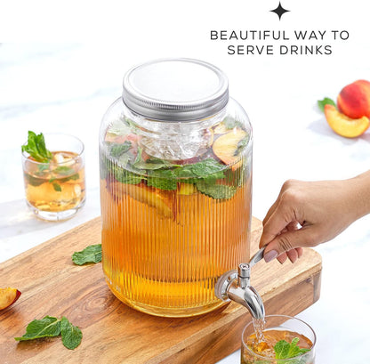 Fluted 1-Gallon Drink Dispenser. Glass Beverage Dispenser with Stainless steel Spigot plus Ice Cylinder and Fruit Infuser! Water Dispenser, Lemonade Stand, Juice Container - Dispensers for Parties
