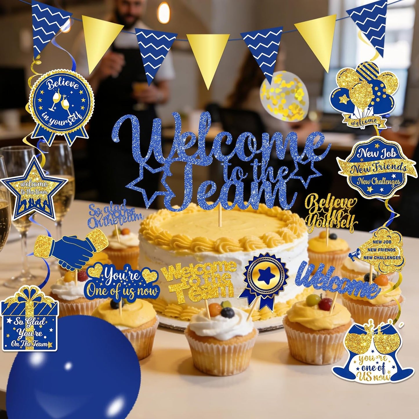 Gold Glitter Welcome To The Team Banner and Hanging Swirls, Welcome Banner, Welcome Sign, Welcome Decorations for New Employee Coworker Teacher Colleague Staff Team Member Office Party