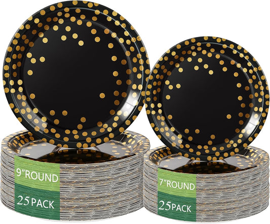 Birthdayparties Round Disposable Paper Plates for All Occasions Golden Dots Paper Plates - 100 Pack - 50 x 9 and 50 x 7 Foil Polka Dots Disposable Black and Gold Party Supplies