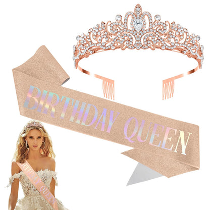 Birthday Sash for Women,Birthday Crown Tiaras for Women,Gold Rhinestone Queen Sash and Crown Tiara Headband for Party Decorations