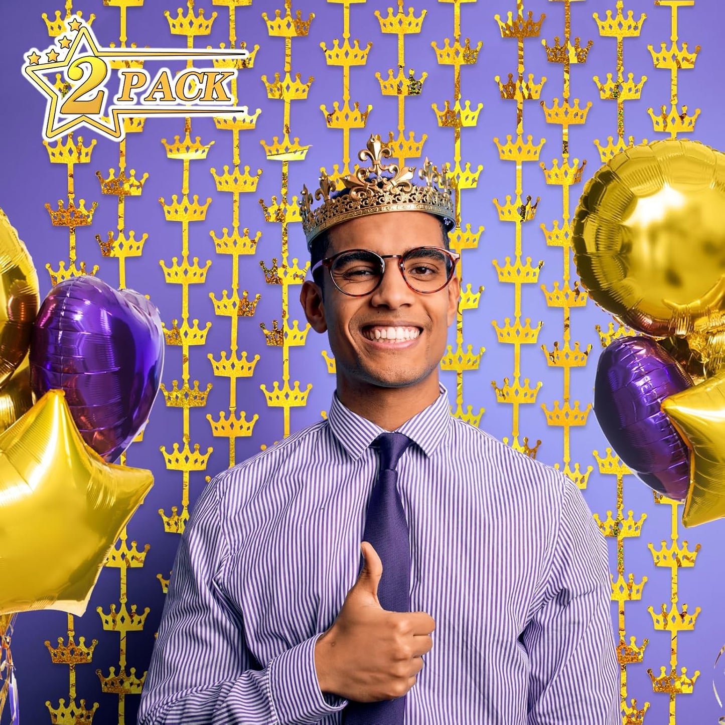 MENSTARSI King Crowns Party Decorations 2 Pack Gold Crown Photo Backdrop, 3.3x6.6ft Golden Foil Fringe Curtains Photo Booth Props for Men 1st 40th 50th Birthday Wedding Graduation Anniversary Decors