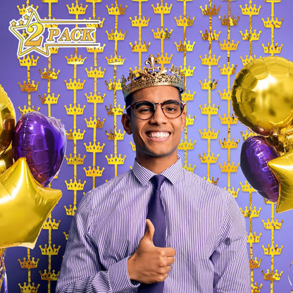 MENSTARSI King Crowns Party Decorations 2 Pack Gold Crown Photo Backdrop, 3.3x6.6ft Golden Foil Fringe Curtains Photo Booth Props for Men 1st 40th 50th Birthday Wedding Graduation Anniversary Decors