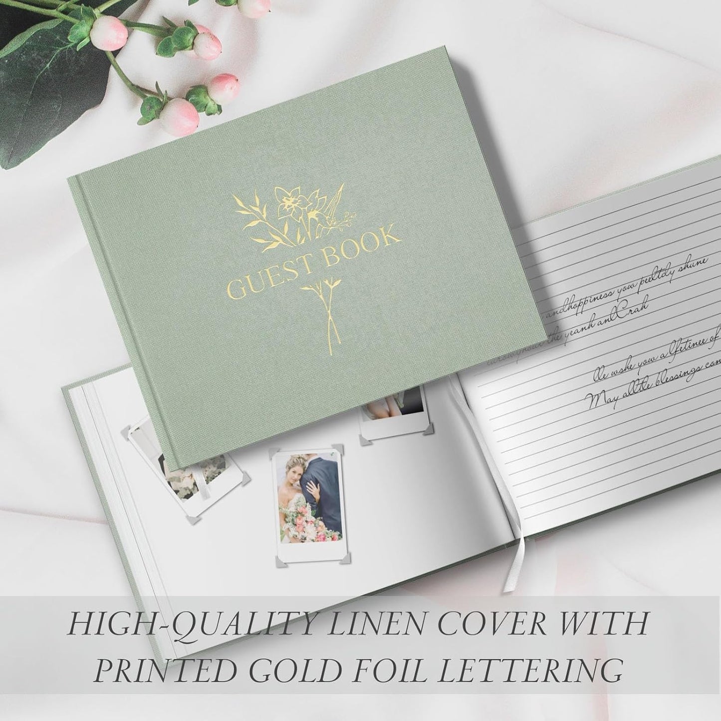 Wedding Guest Book for Memorial Service with 216 Photo Corners Stickers, Linen Guestbook to Sign at Bridal Shower or Wedding Reception Party,100 Pages, Blank Thick Paper Books for Baby Shower- Sage