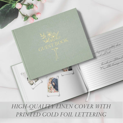 Wedding Guest Book for Memorial Service with 216 Photo Corners Stickers, Linen Guestbook to Sign at Bridal Shower or Wedding Reception Party,100 Pages, Blank Thick Paper Books for Baby Shower- Sage