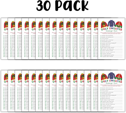 Ugly Christmas Sweater Party Scavenger Hunt Game | 30 pk 5.5 x 8.5” Holiday Party Decorations Adult Bulk Invitation Retro Funny