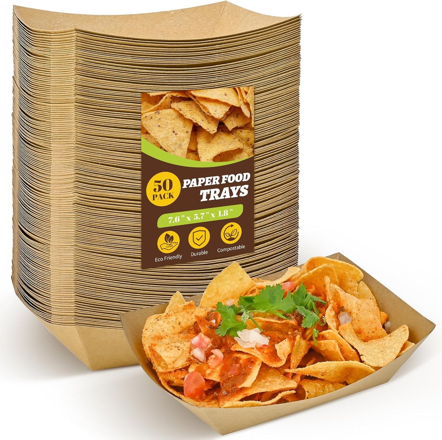 Ocmoiy 1lb Paper Food Trays, 100 Pack Heavy Duty Kraft Food Boats Holders Disposable Serving Basket Trays for Nachos, Fries, BBQ, Festivals, Party