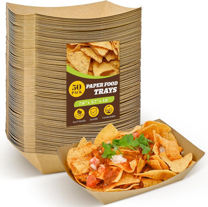 Ocmoiy 1lb Paper Food Trays, 100 Pack Heavy Duty Kraft Food Boats Holders Disposable Serving Basket Trays for Nachos, Fries, BBQ, Festivals, Party