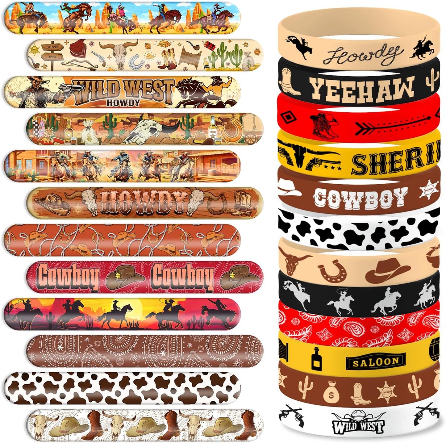 48PCS Cowboy Themed Party Set | 24PCS Slap Bracelets & 24PCS Rubber Bracelets Western Saloon Silicone Wristbands Birthday Party Supplies Decorations Gifts Carnival Prizes