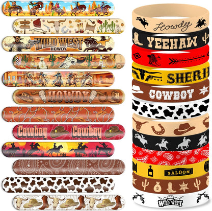 48PCS Cowboy Themed Party Set | 24PCS Slap Bracelets & 24PCS Rubber Bracelets Western Saloon Silicone Wristbands Birthday Party Supplies Decorations Gifts Carnival Prizes