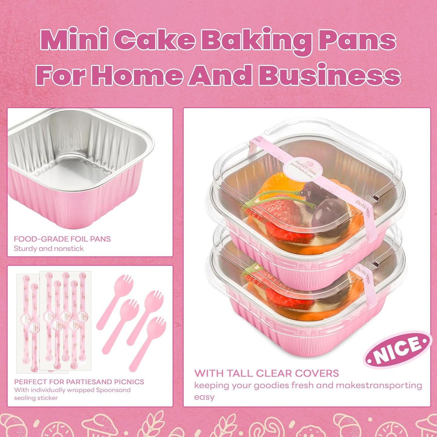 NPLUX 50 Pcs Mini Cake Pans with Lids and Spoons Aluminum Foil Mini Square Baking Cups with Lids Disposable Ramekins Cake Pans Dessert Cups for Wedding Mothers Day Gifts Party Favors(Pink,5oz)