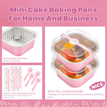 NPLUX 50 Pcs Mini Cake Pans with Lids and Spoons Aluminum Foil Mini Square Baking Cups with Lids Disposable Ramekins Cake Pans Dessert Cups for Wedding Mothers Day Gifts Party Favors(Pink,5oz)