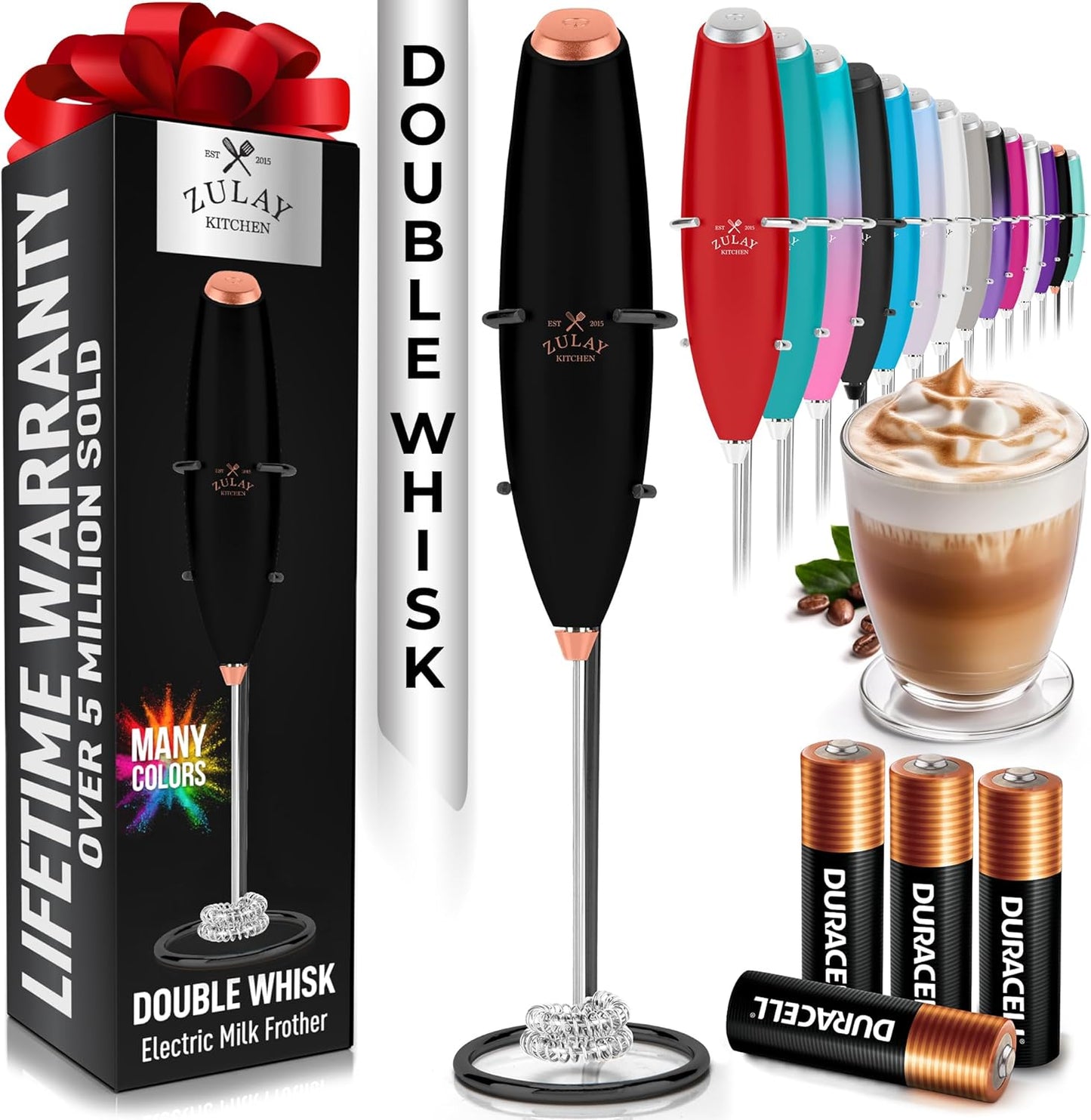 Zulay Kitchen Powerful Milk Frother Wand With Duracell Batteries - Ultra Fast Handheld Drink Mixer - Electric Whisk Foam Maker for Coffee, Lattes, Cappuccino & Matcha - Z1 Motor - Black - Colors D