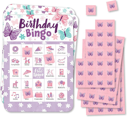 Big Dot of Happiness Beautiful Butterfly - Picture Bingo Cards and Markers - Floral Birthday Party Shaped Bingo Game - Set of 18
