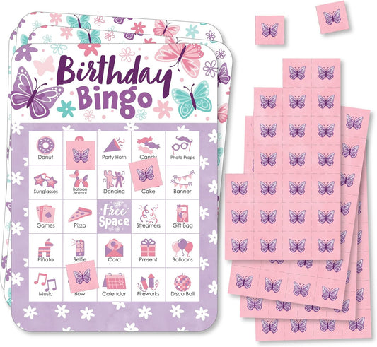 Big Dot of Happiness Beautiful Butterfly - Picture Bingo Cards and Markers - Floral Birthday Party Shaped Bingo Game - Set of 18
