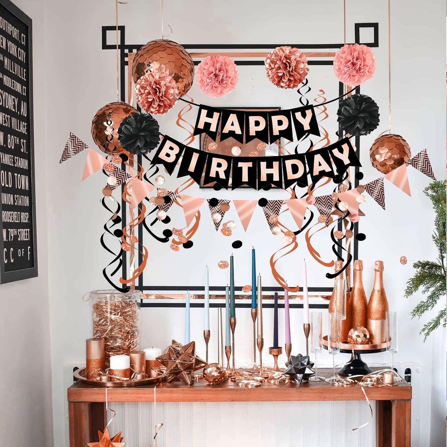 Fecedy Happy Birthday Banner With Colorful Paper Flag Bunting Paper Circle Confetti Garland Swirl Streamers Honeycomb ball for Birthday Party Decorations