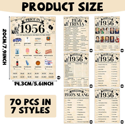 70Pcs 70th Birthday Party Games Born In 1956 Fun 1956 Trivia Music Slang Books Game Double-Sided Game Cards Vintage 70th Birthday Party Supplies for 70 Year Old Activity Anniversary Class Reunion