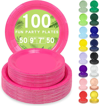 LANLISA 50 Pcs Pink Paper Plates Disposable, 25-9" & 25-7" Disposable Birthday Cake Dessert Plates For Valentines Day, Baby Shower, Easter Party, Mothers Day Party Supplies