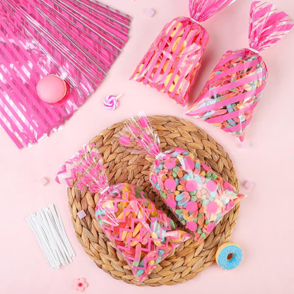 Aodaer 100 Pieces 10.6 x 5.1 In White Cellophane Bags Plastic Candy Gift Bag Cellophane Treat Bags with Twist Ties Stripes Polka Dot Printed Pattern Goodie Bag for Birthday Weddings Party Favors