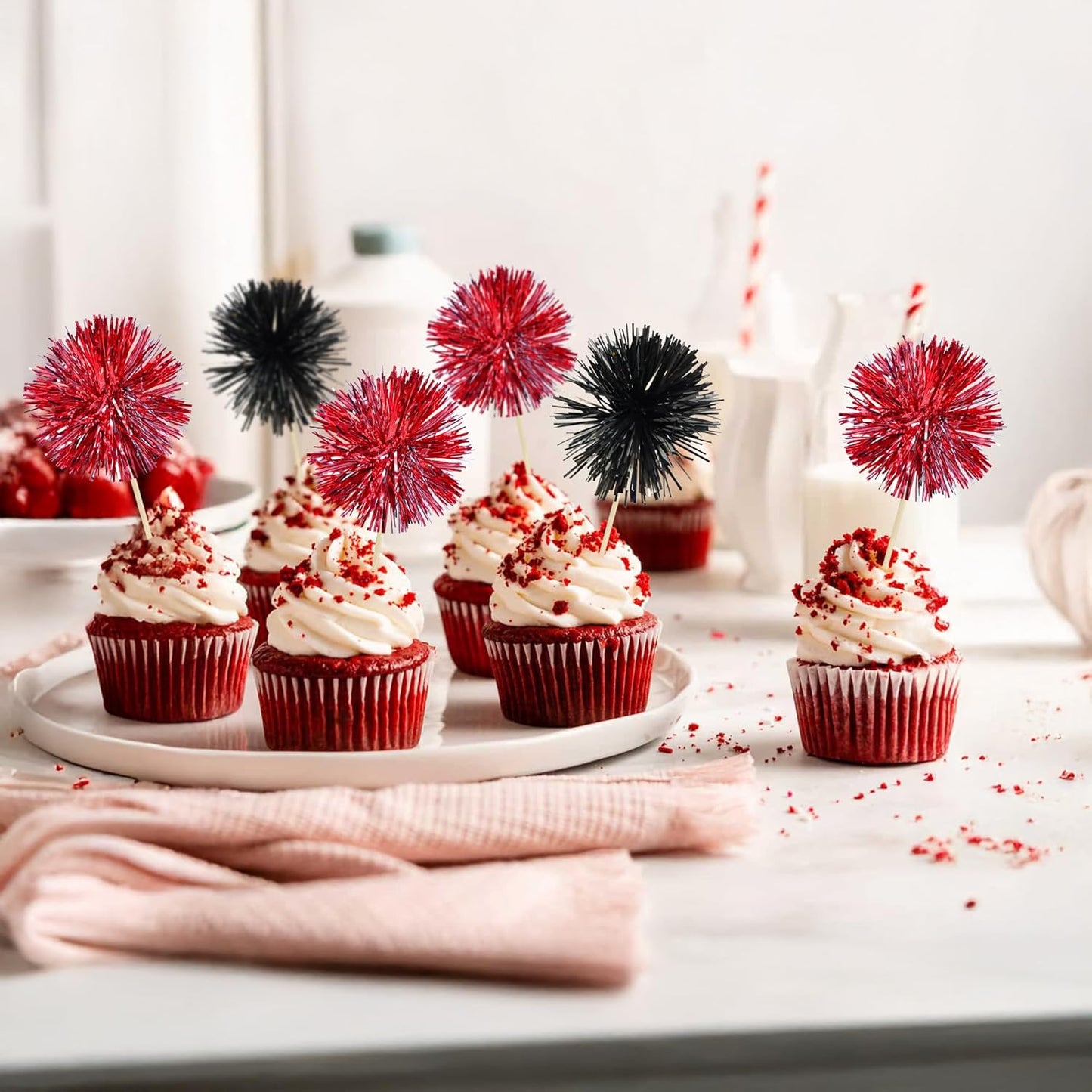 Ephlyn 30Pcs Foil Firework Cupcake Toppers Sparkle Tinsel Cupcake Picks Drink Stirrers Cocktail Food Fruit Toothpicks for Baby Shower Graduation Party Supplies White
