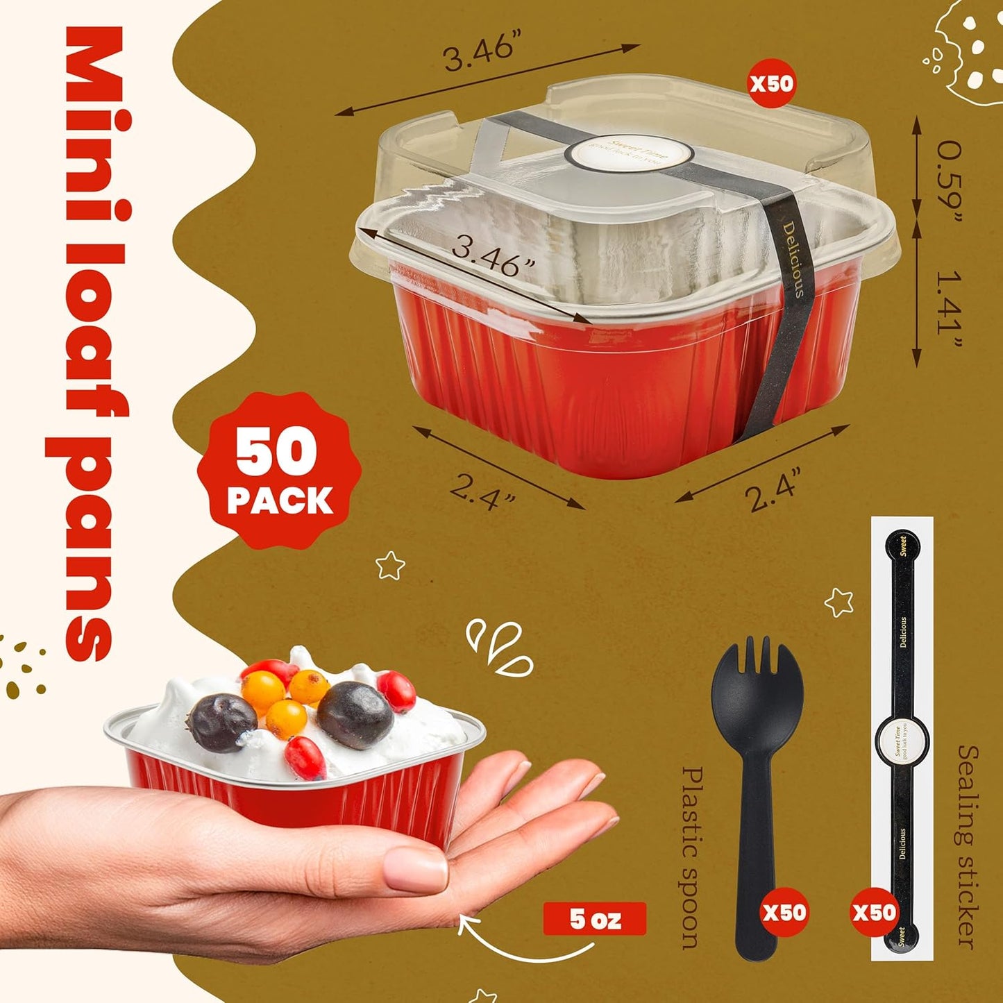 NPLUX 50 Pcs Mini Cake Pans with Lids and Spoons Aluminum Foil Mini Square Baking Cups with Lids Disposable Ramekins Cake Pans Dessert Cups for Wedding Mothers Day Gifts Party Favors(Pink,5oz)