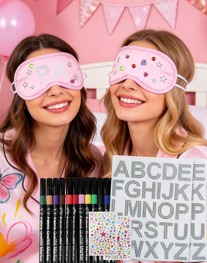 TOUROAM Pajama Theme Party Decoration - Sleep Eye Masks with Marker Pens and Sheets Self-Adhesive Heart Rhinestones Gems
