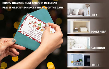 Christmas Treasure Hunt Clue Game, Christmas Games Santa Scavenger Hunt Cards, Indoor Outdoor Holiday Party Supplies, 16 Cards with Colorful Envelopes, 05