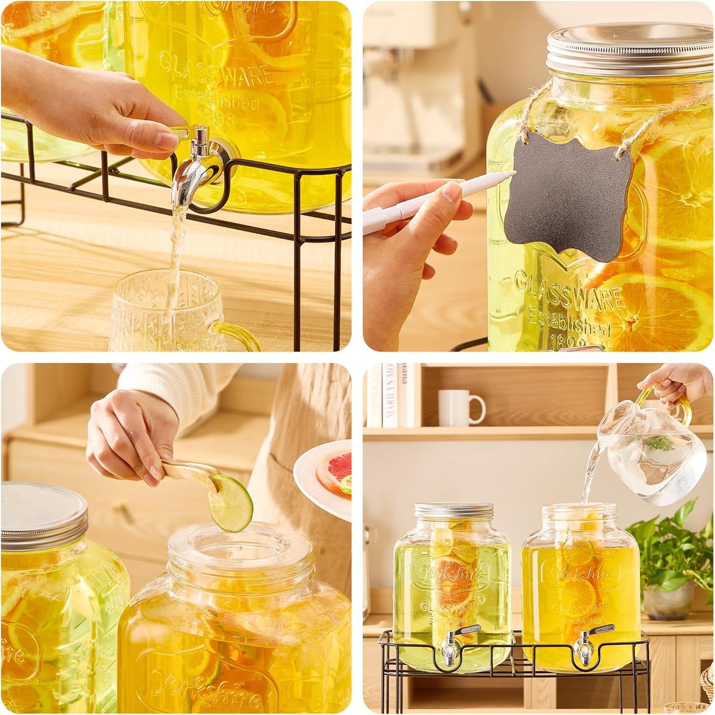 1 Gallon Glass Drink Dispensers for Parties, 2PACK Beverage Dispenser with Stand, Fruit Infuser and Stainless Steel Spigot 100% Leakproof, Beverage Dispenser for Lemonade Sun Tea