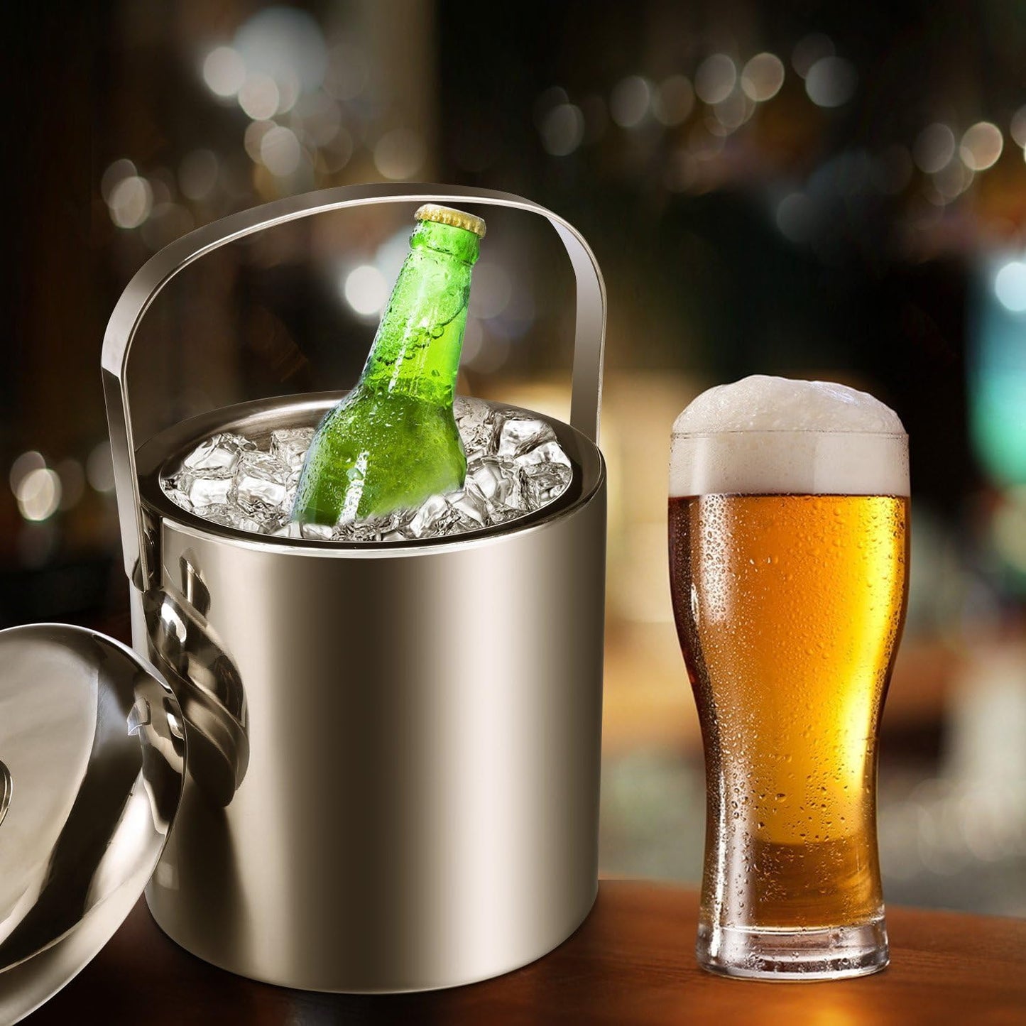 Sailnovo Mini Ice Bucket 1.2 Liter, Premium Compact Double-Wall Stainless Steel with Lid & Ice Tong, Ideal for Cocktails, Personal Bar, Small Parties - Silver