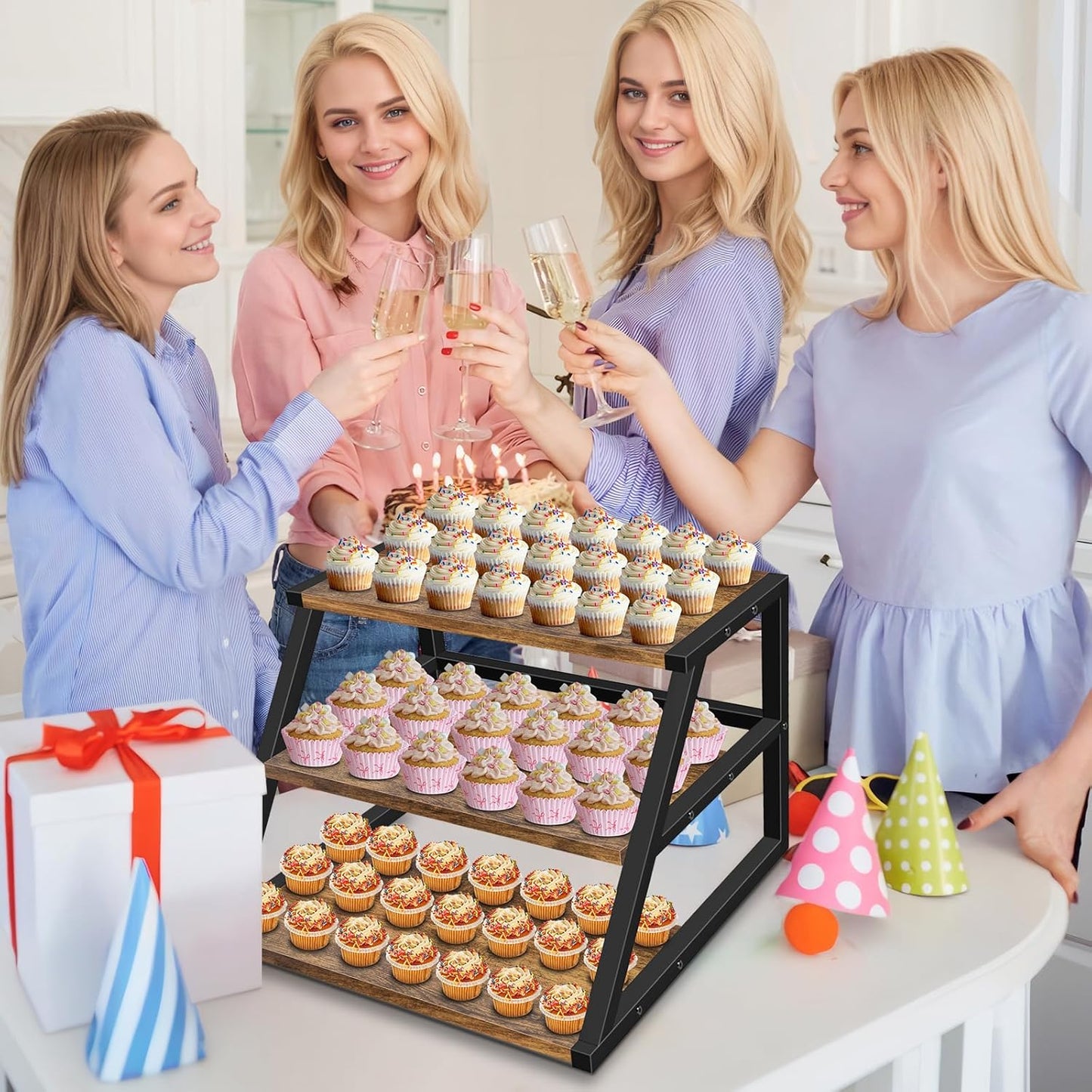 Cupcake Stand, 3 Tier Large Cupcake Stand Rustic Stepped Cupcake Display Stand Square Wood Dessert Table Display Set Cupcake Tower Tiered Tray Stand for Wedding Birthday Graduation