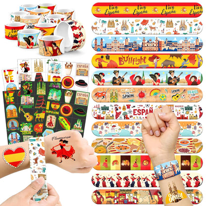 96 PCS Spain Party Favors Set – 72 Pre-Cut Temporary Tattoos & 24 Slap Bracelets, Perfect for Flamenco Parties & Travel-Inspired Celebrations