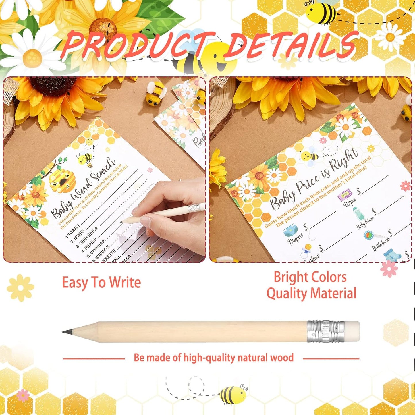 Yinder 145 Pcs Baby Shower Games Activities Cards with 20 Pencils Includes Baby Bingo Description and Wishes Guess Who Price is Right Word Scramble Game(Here Comes the Son)