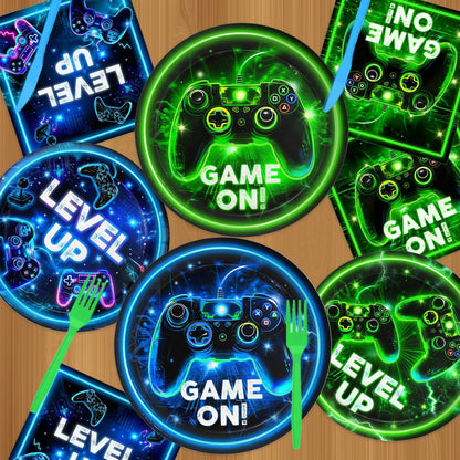 Video Game Birthday Decorations - Neon Level Up Game Tableware Includes Plates, Napkins, Cups, Forks, Tablecloths for Boy Gamer Birthday Party, Serves 24