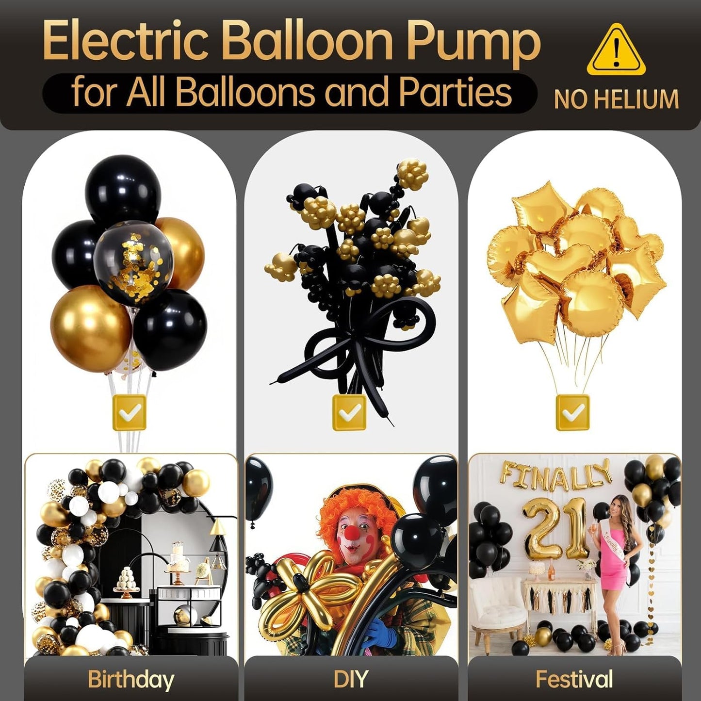 Bezente Balloon Pump Electric, 3-in-1 Portable Black Gold Electric Air Machine Balloon Pump Dual Nozzle Balloon Inflator for Inflatables and Latex 260q Foil Balloons