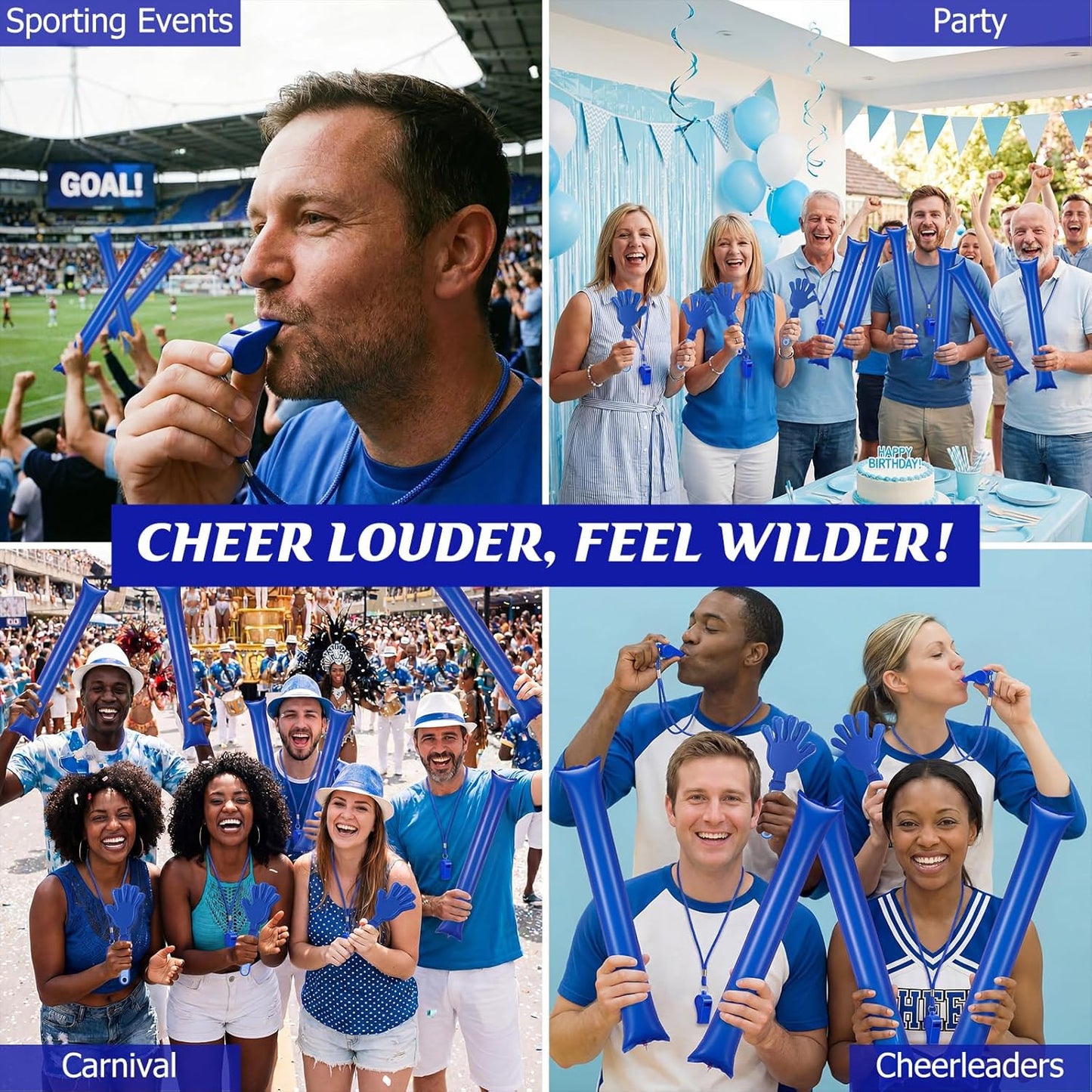 48 Pcs Cheering Noisemakers Set Included 12 Pcs Mini Air Horns Noisemakers 12 Hand Clappers 24 Thunder Sticks for Birthdays Sporting Events (Horn,Blue)