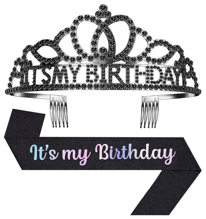 Birthday Tiara and Crown with Sash, Birthday Tiara for Women Party Silver