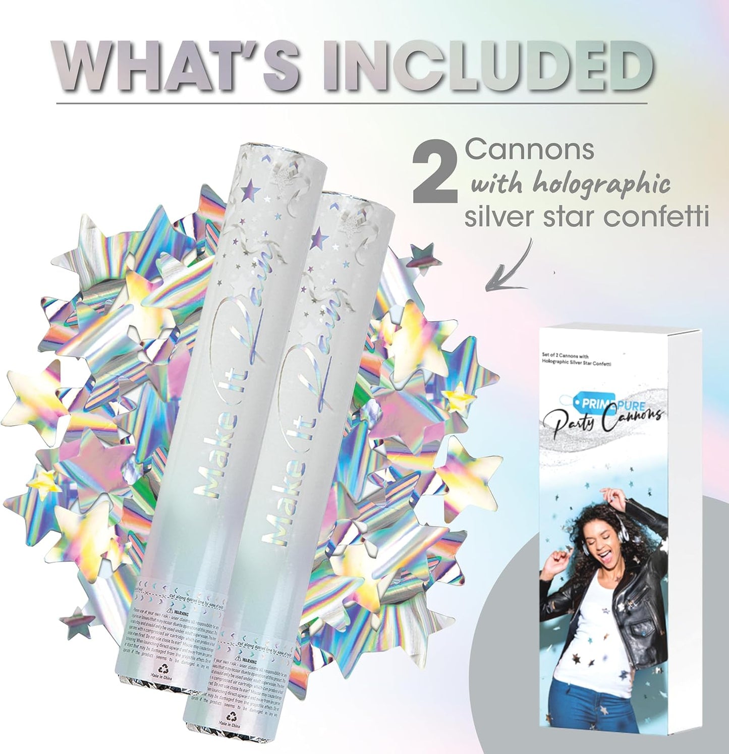 PrimePure Confetti Cannon Party Poppers - Holographic Silver Stars Confetti Popper - 2 Pack - Party Cannon Silver Glitter Star Pop Gun for Birthday, Wedding, Graduation, Celebration, Pranks