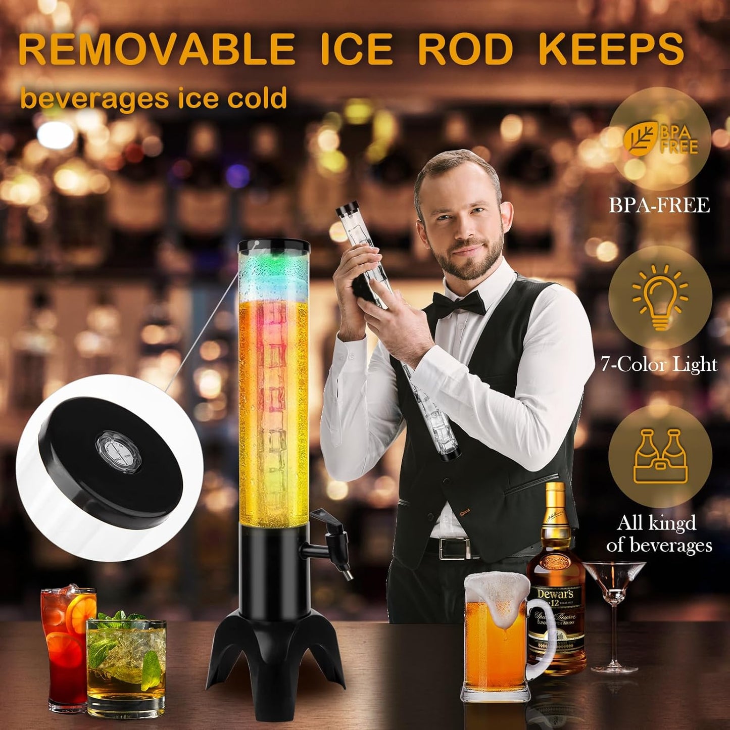 2pcs Beer Giraffe Dispenser, 100oz/3.2 qt Mimosa Tower Dispenser with Ice Tube and LED Light, 3L Tabletop Drink Tower Dispensers for Beer, Margarita, Liquor, Beverage
