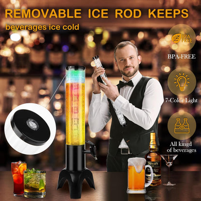2pcs Beer Giraffe Dispenser, 100oz/3.2 qt Mimosa Tower Dispenser with Ice Tube and LED Light, 3L Tabletop Drink Tower Dispensers for Beer, Margarita, Liquor, Beverage