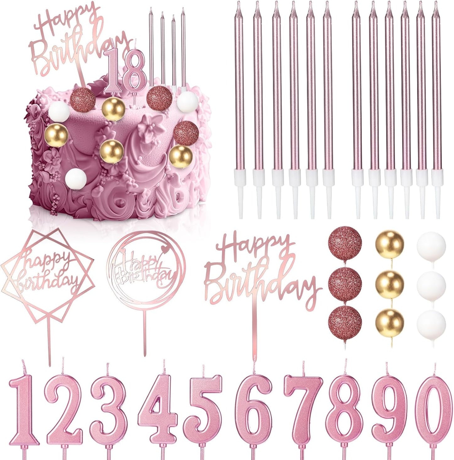 Yerliker 34 Pcs Happy Birthday Cake Toppers Decorations Birthday Candles DIY Cake Decor for Men Women Wedding Anniversary(Gold)