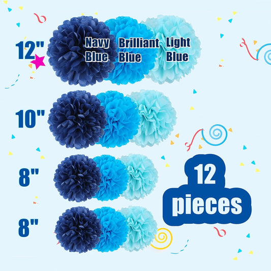 12 Pcs Paper Pom Poms Kit, Tissue Paper Flowers for Birthday, Party, Fiesta, Classroom, Playroom Festive Decorations (Multicolor, Assorted Sizes)