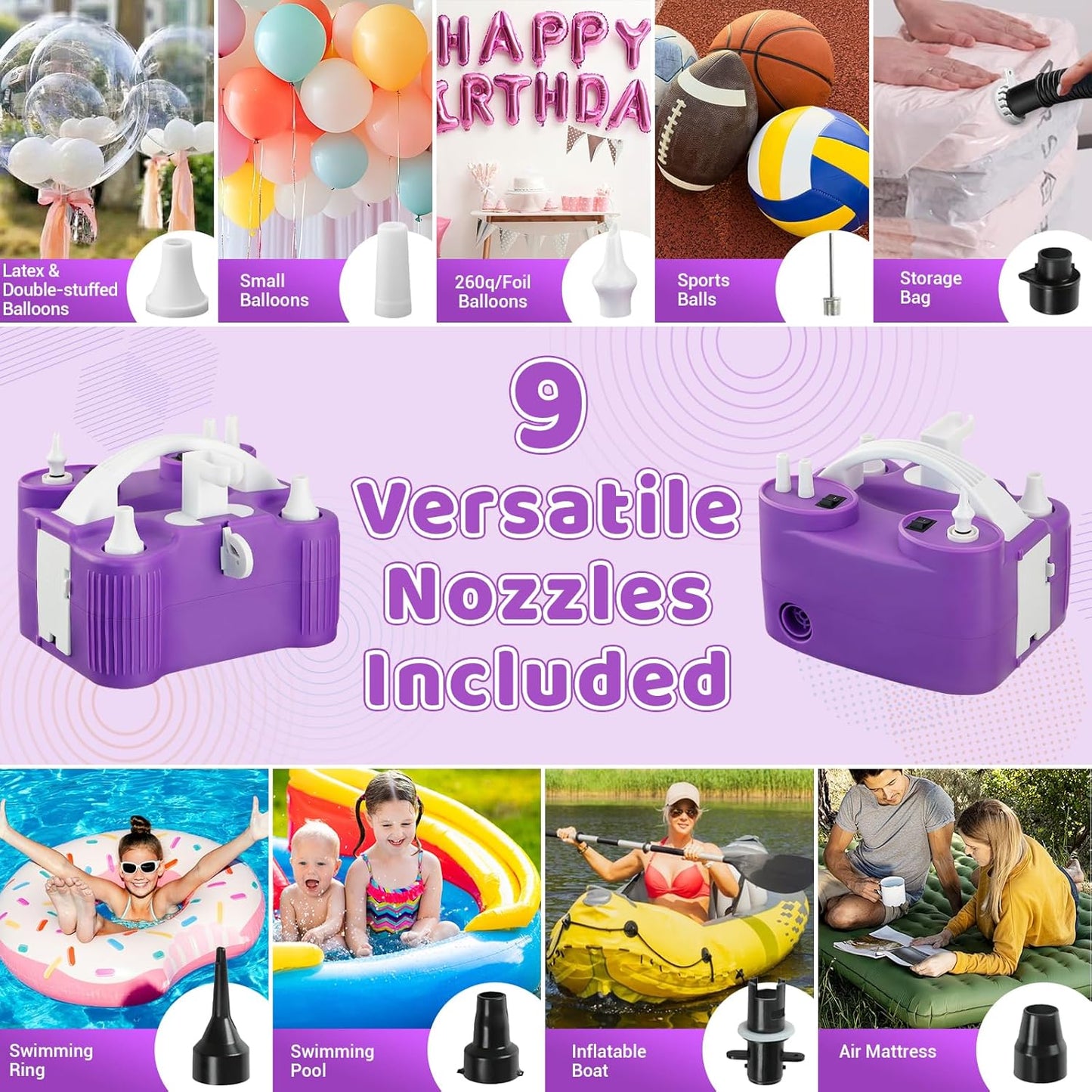 4-in-1 Electric Balloon Pump for All Balloons,Portable Dual Nozzle 600W Air Pump for Balloons,High Power Balloon Blower for Latex Foil 260q Mylar Balloon,Inflation Pool Float and Sports Balls