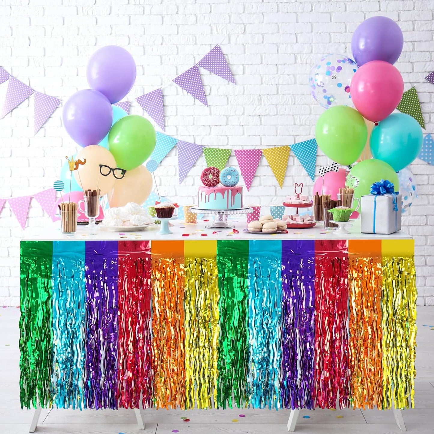 2 Pack 29.5x108 Inch Silver Foil Tinsel Fringe Table Skirts, Disposable Table Skirts for Rectangle Tables Curtains Backdrop Parade Wedding Floats Baby Shower Birthday Mardi Gras Party