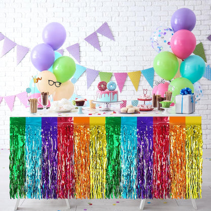 2 Pack 29.5x108 Inch Silver Foil Tinsel Fringe Table Skirts, Disposable Table Skirts for Rectangle Tables Curtains Backdrop Parade Wedding Floats Baby Shower Birthday Mardi Gras Party
