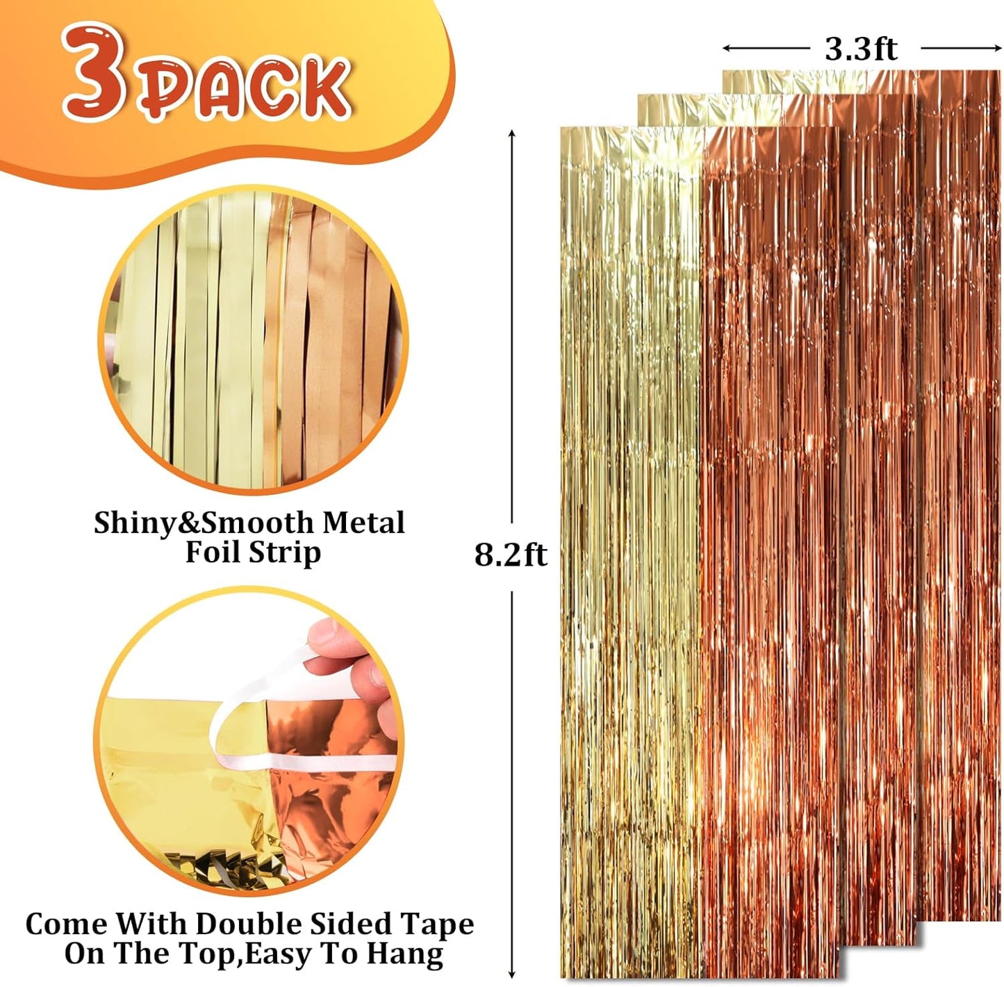 Voircoloria 3 Pack 3.3x8.2 Feet Gold Foil Fringe Backdrop Curtains, Tinsel Streamers, Fringe Backdrop for 2025 New Years Eve, Graduation, Birthday, Baby Shower, Gender Reveal, Disco Party - Colors A