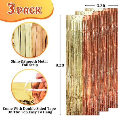 Voircoloria 3 Pack 3.3x8.2 Feet Gold Foil Fringe Backdrop Curtains, Tinsel Streamers, Fringe Backdrop for 2025 New Years Eve, Graduation, Birthday, Baby Shower, Gender Reveal, Disco Party - Colors A