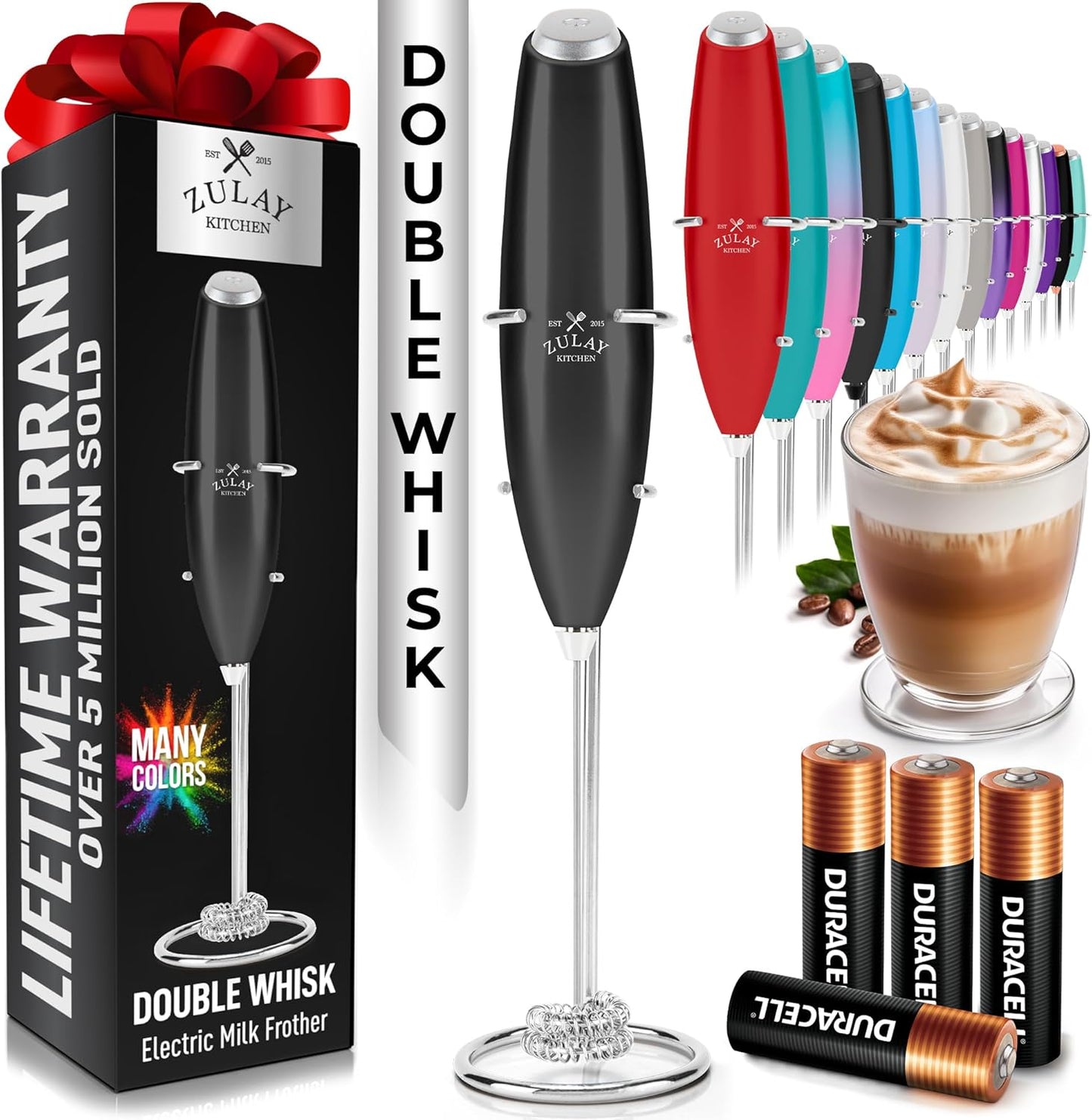 Zulay Kitchen Powerful Milk Frother Wand With Duracell Batteries - Ultra Fast Handheld Drink Mixer - Electric Whisk Foam Maker for Coffee, Lattes, Cappuccino & Matcha - Z1 Motor - Black - Colors C