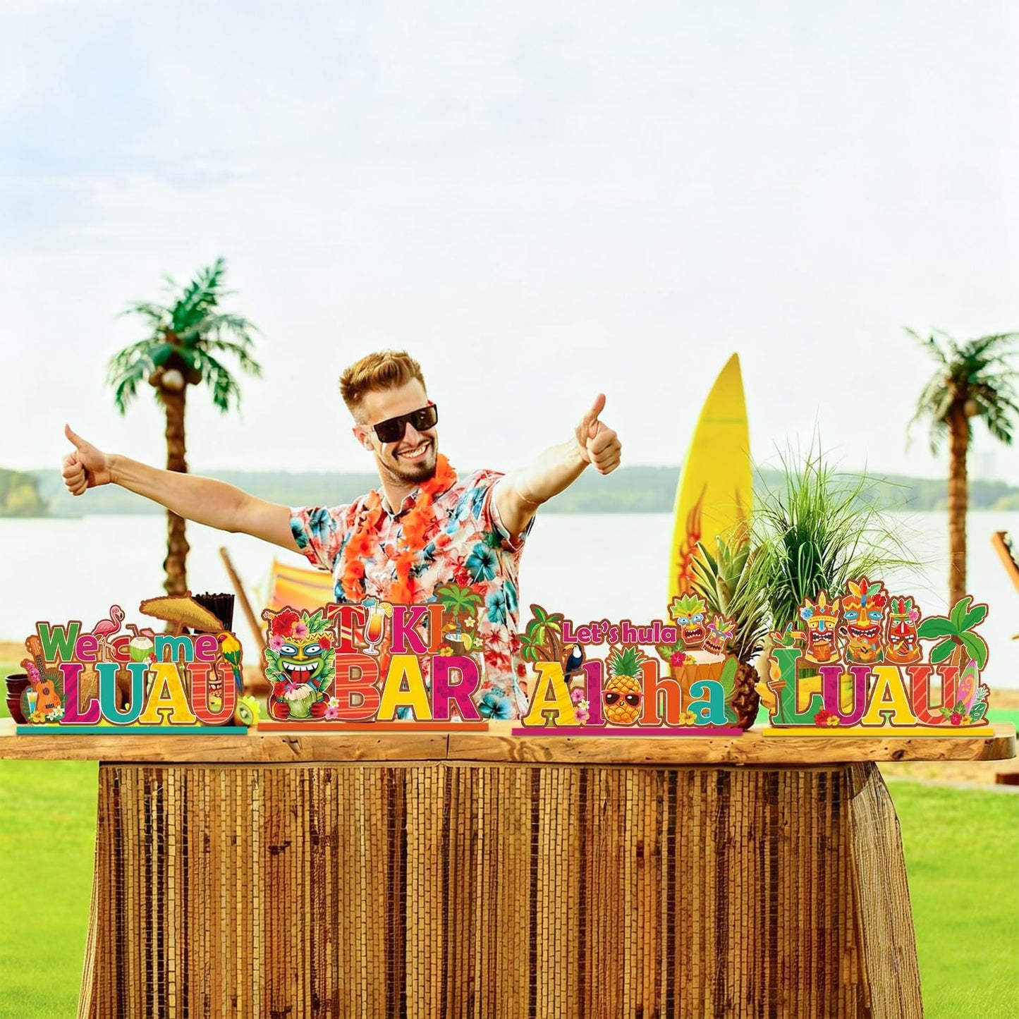 4 Pcs Luau Party Decorations Wooden Table Decorations Tiki Bar Aloha Table Centerpieces Tropical Luau Welcome Wood Signs Hawaiian Party Decorations for Summer Beach Party Decor